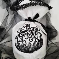 Lichtbeutel Vasenhusse Halloween Gespenst, Kürbis, Fledermaus Leinen schwarz-weis Bild 3