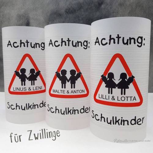 Tischlicht Lichthülle Einschulung Schulanfang "Achtung" für Zwillinge