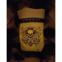 Halloween Windlicht Lichtbeutel Vasenhusse Geschenkbeutel Skull mit Spruch GESTICKT Leinen Spitze Bild 1
