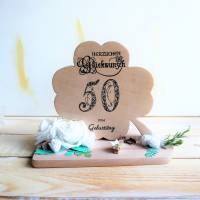 Geldgeschenk zum 50ten Geburtstag, Kleeblatt aus Holz Bild 1