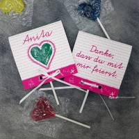 Tischkarte / Gastgeschenk Einschulung Herz-Lolli mit Namen in pink Bild 1