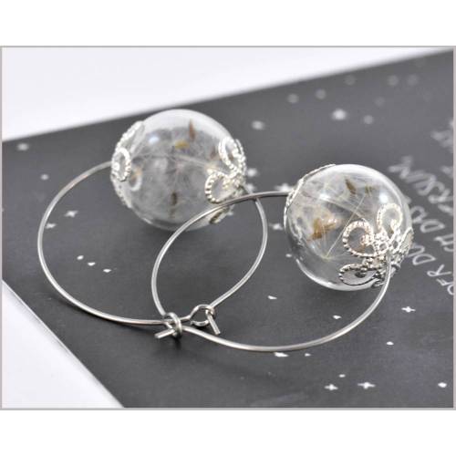 Kreolen / Ohrhänger mit echten Pusteblumen, Edelstahl