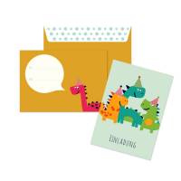 12 Dino Einladungskarten zum Kindergeburtstag - lustiges Dinosaurier Motiv - mint - inkl. passende Umschläge Bild 1