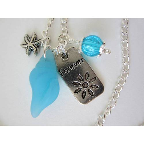 Halskette BLAUE MUSCHEL 56cm lang rundum - Modeschmuck silberfarbig, Glasmuschel aus blauem Mattglas