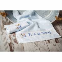 Set Gästehandtuch und Waschhandschuh, handbestickt, "It`s a Boy" und Motiv, Geschenkidee Baby Junge, hellblau Bild 1