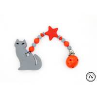 Beisskette aus Silikon/Silikonkette - Katze in grau/rot - Neu und individuell Bild 1