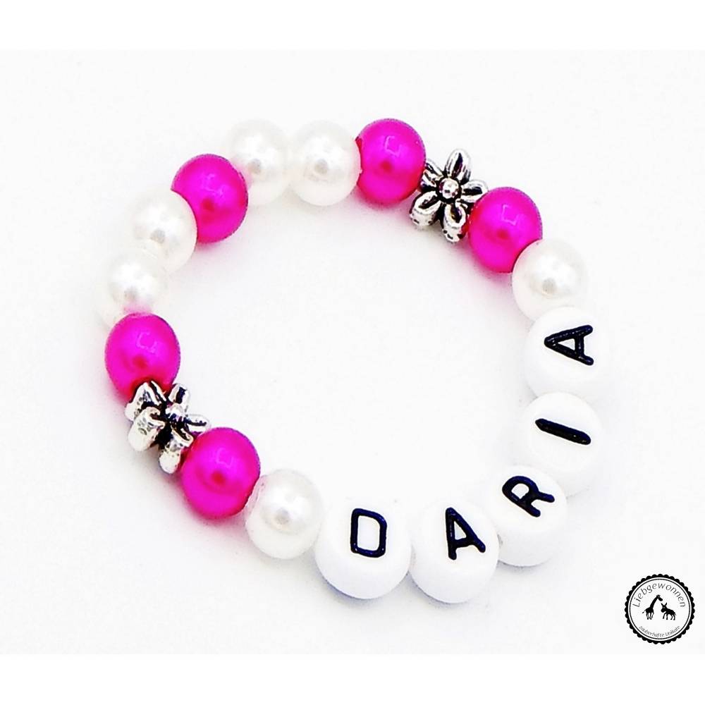 Armband/Babyarmband mit Namen - Blume in pink/weiss Bild 1