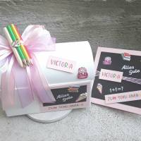 Geschenkbox + Glückwunschkarte zur Einschulung Schulanfang Schulstart rosa Bild 1