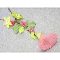 Y-Kette FINGERHUT mit grünen Blättern 53cm lang rundum plus 9cm Anhänger - Halskette mit Lucite-Blüten und Blättern bronzefarbig-rosa-grün Bild 1
