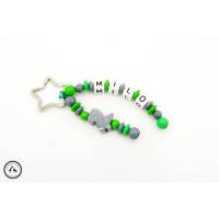 Taschenbaumler/Schlüsselanhänger mit Namen - Dino in grau/grün Bild 1