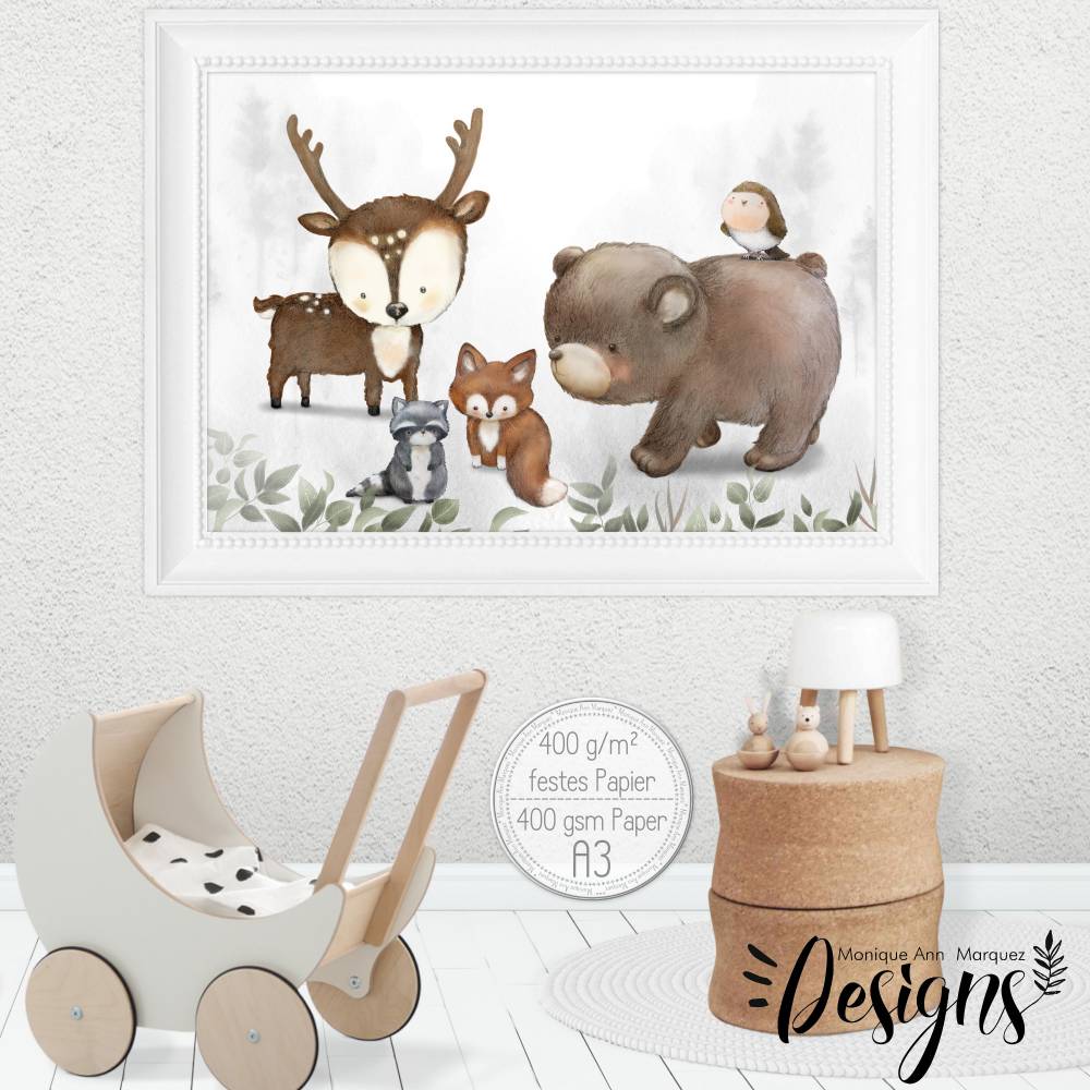 A3 Poster Kinderzimmer Bilder (auch Spar Set mit A4) Waldtiere