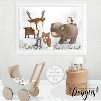 A3 Poster Kinderzimmer Bilder (auch Spar Set mit A4) Waldtiere Baby Tiere |SET45 Bild 1