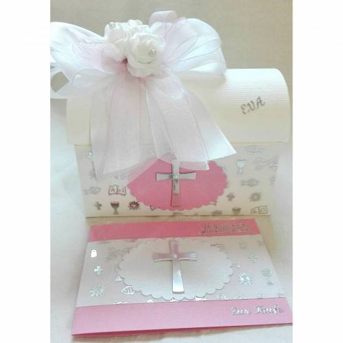 Geschenkbox + passende Glückwunschkarte Geldgeschenk rosa hellblau Taufe Kommunion Konfirmation
