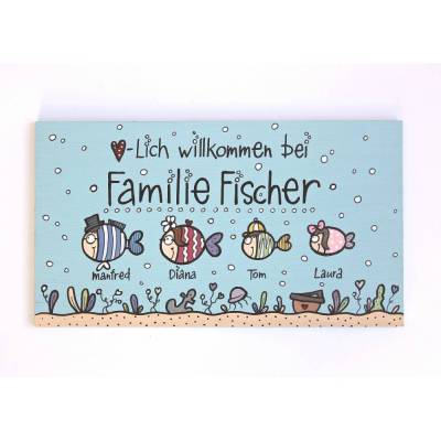 Maritimes Willkommensschild mit Fischen – Personalisiertes Türschild aus Holz für Familien, dekorativ & wetterfest, blaues Haustürschild mit Name und individueller Bemalung