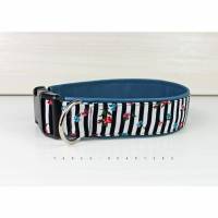 Hundehalsband gestreift in schwarz und weiß, mit Kunstleder in petrolblau, Halsband für Hunde Bild 1