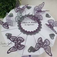 Hochzeitstorte Torte WEISS-VIOLETT-GRAU Butterfly - Geldgeschenkverpackung Bild 1