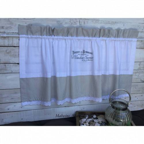 Landhausgardine Weiß- beigen Karo mit Schriftzug Motiv