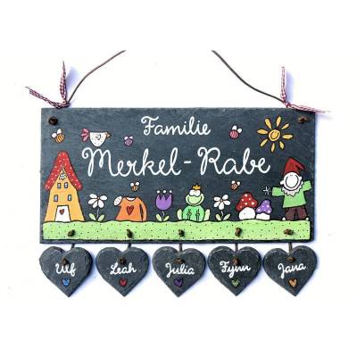 dekoratives Namensschild für die Haustür, buntes Türschild aus Schiefer mit Name personalisiert, Schild für Familien