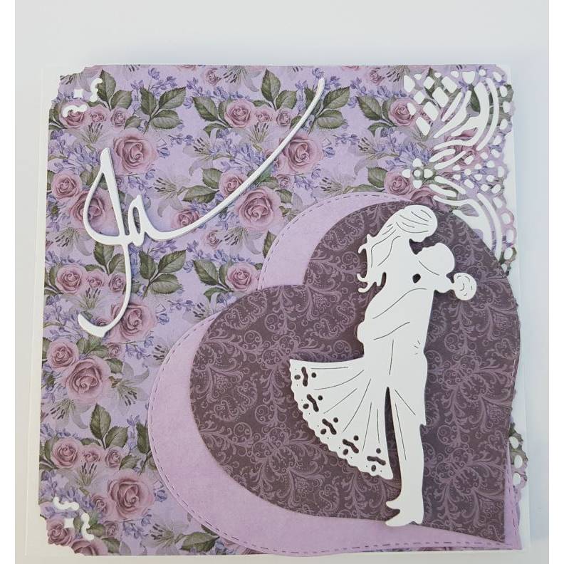 Hochzeitskarte Romantik mit lila Herz und rosa Rosen Bild 1