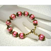 Glasperlenarmband rosa, Perlkappen goldfarben Bild 1