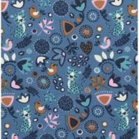 Baumwolljersey süßer Sleeping Panther mit Blumenmuster Vögelchen auf blau Meterware nähen Geschenke Bild 1