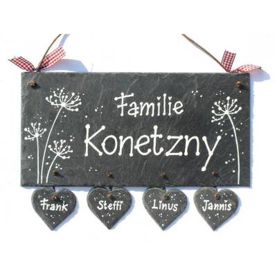 Türschild mit Pusteblumen, Namensschild für Familien, Haustürschild mit Name personalisiert, edles Schiefertürschild