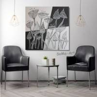 Acrylmalerei in Schwarz/Weiß, blumiges Design auf Leinwand, Crazy Flowers, Wandkunst, Wohnraumdekoration, Verrückte Kunst Bild 1