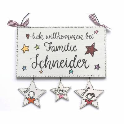 exklusives Namensschild, personalisiertes Holzschild mit Name, Willkommensschild für Familien, Haustürschild mit Sternen