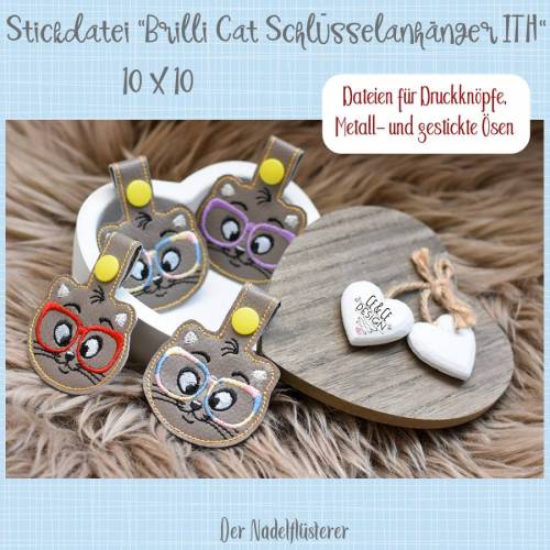 Digitale Stickserie Brilli Cat Schlüsselanhänger ITH für den 10x10 cm (4x4") Stickrahmen