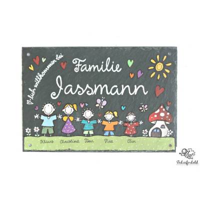 geniales Willkommensschild aus Schiefer für Familien mit Name personalisiert, buntes Schieferschild für die Haustür