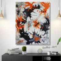 Fantasievolles Acrylbild, mit Farbklecksen in Schwarz und Orange auf Leinwand. abstrakt, modern, Wandbild, Kunst Bild 1