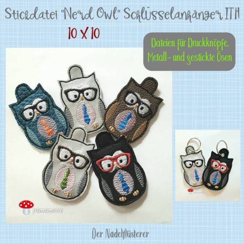 Digitale Stickdatei Nerd Owl Schlüsselanhänger ITH für den 10x10 cm (4x4") Stickrahmen