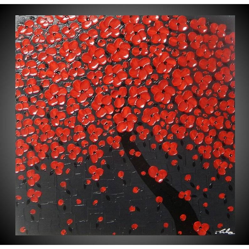 Strukturiertes Acrylbild auf Leinwand in Grau und Rot Baum mit roten Blüten, rote Blumen, Baumbilder Bilder für Wohnzimmer Leinwandbilder Bilder Kunst Malerei Gemälde by ilonka Bild 1