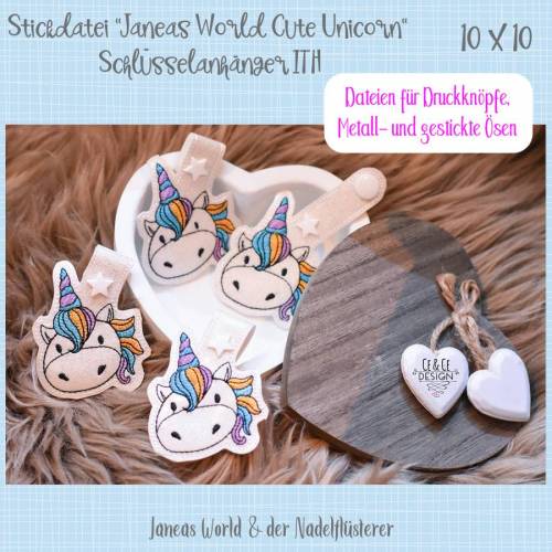 Digitale Stickdatei Janeas World Cute Unicorn Schlüsselanhänger ITH für den 10x10 cm (4x4") Stickrahmen