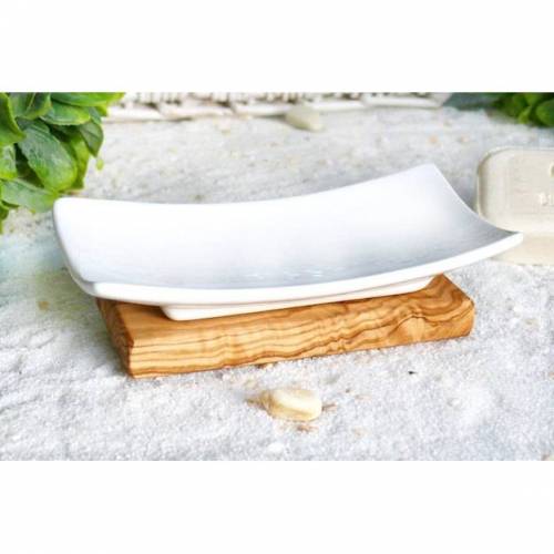 Seifenablage Porzellan auf Olivenholzfuß