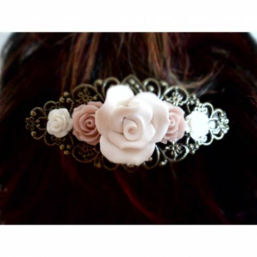 verzierte Haarspange, Vintage-Stil, Haarschmuck,Hochzeit, Fest, Kommunion,Blumen, Rosen, Cabochon, bronze