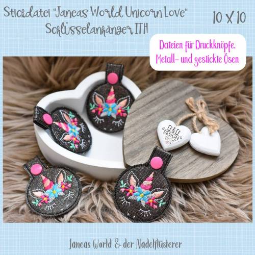 Digitale Stickdatei Janeas World Unicorn Love Schlüsselanhänger ITH für den 10x10 cm (4x4") Stickrahmen
