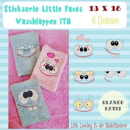 Digitale Stickserie Little Faces Waschlappen ITH für den 13x18 cm (5x7") Stickrahmen