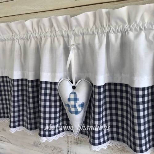 Landhausgardine Maritim mit Anker Deko Herz – Karo, Spitze, nordischer Stil