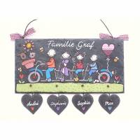 personalisiertes Geschenk zum Geburtstag, Türschild Schiefer Familie auf Fahrrad, Schieferschild, Familientürschild Bild 1