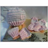 Frühchen-Set - Mütze, Socken und Pulswärme. Wolle-Merino in rosa Bild 2