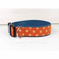 Hundehalsband mit Punkten auf orange, mit Kunstleder in petrol, Halsband für Hunde Bild 1