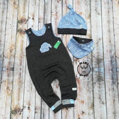 Strampler Gr.68 Set mit Mütze und Tuch süße Elefanten Latzhose