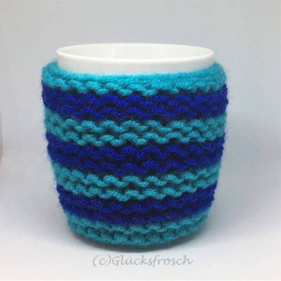 Tassenwärmer, Tassenmantel, handgestrickt, dunkelblau und türkis