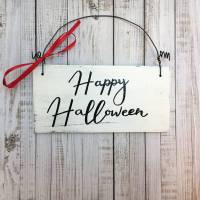 Holzschild, handbemalt, "Happy Halloween", Türschild, Wanddeko, weiß, Halloween, Herbstdeko, herbstlich, Geschenk, Schiftzug, elegant Bild 1