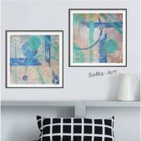 Acrylmalerei auf Künstlerpapier im Doppelpack, verspielte Formen in tollen Blau- und Grüntönen, Wandkunst, Wandbilder Bild 1