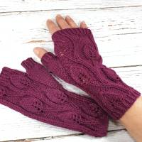 Gestrickte Handschuhe fingerlos "Blätter", Armwärmer aus Bio Wolle handgestrickt Bild 3