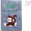 persönliche U-Heft-Hülle - Untersuchungsheft-Hülle -  Filz-Umschlag mit einer Affen - Applikation -- mit Name und Geburtsdatum individuell bestickt  -- Bild 1