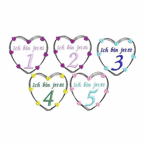 Stickdatei Herz 5er SET 13x13cm zum Geburtstag