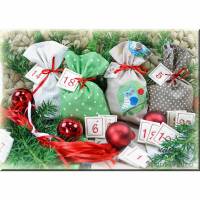 Adventskalender EULE, Stoff Säckchen mit gestickten Zahlen für Kinder und Erwachsene, Weihnachten, Advent, verschiedene Farben Bild 1